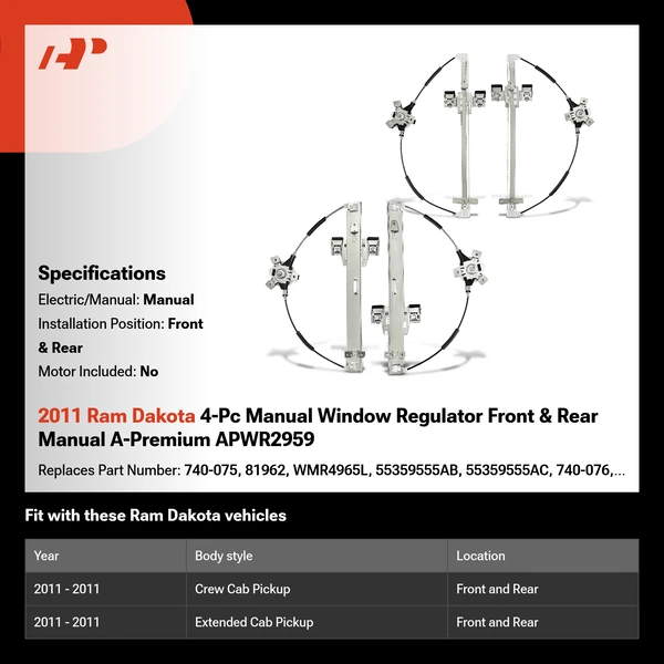 2011 Ram Dakota 4-Pc Manual Window Regulator Front & Rear Manual A-Premium APWR2959