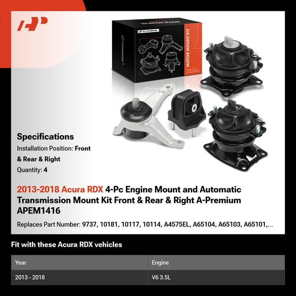 2013-2018 Acura RDX 4-Pc Engine Mount and Automatic Transmission Mount Kit Front & Rear & Right A-Premium APEM1416