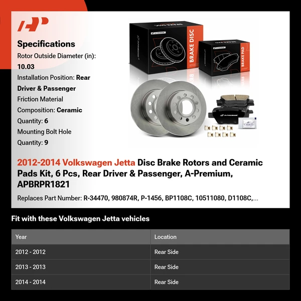 2012-2014 Volkswagen Jetta Disc Brake Rotors and Ceramic Pads Kit, 6 Pcs, Rear Driver & Passenger, A-Premium, APBRPR1821
