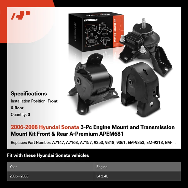 2006-2008 Hyundai Sonata 3-Pc Engine Mount and Transmission Mount Kit Front & Rear A-Premium APEM681