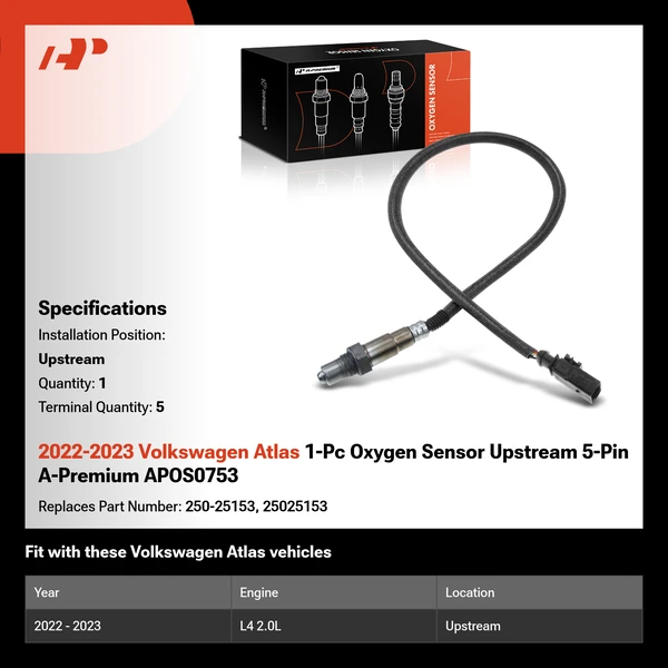 2022-2023 Volkswagen Atlas 1-Pc Oxygen Sensor Upstream 5-Pin A-Premium APOS0753