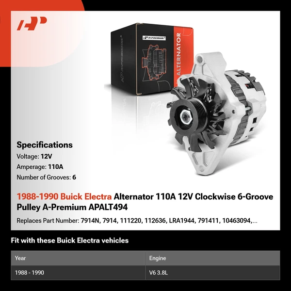 1988-1990 Buick Electra Alternator 110A 12V Clockwise 6-Groove Pulley A-Premium APALT494