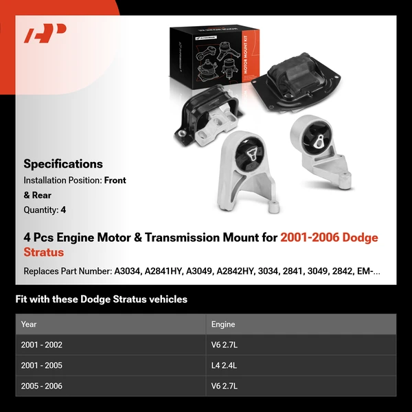 4 Pcs Engine Motor & Transmission Mount for 2001-2006 Dodge Stratus