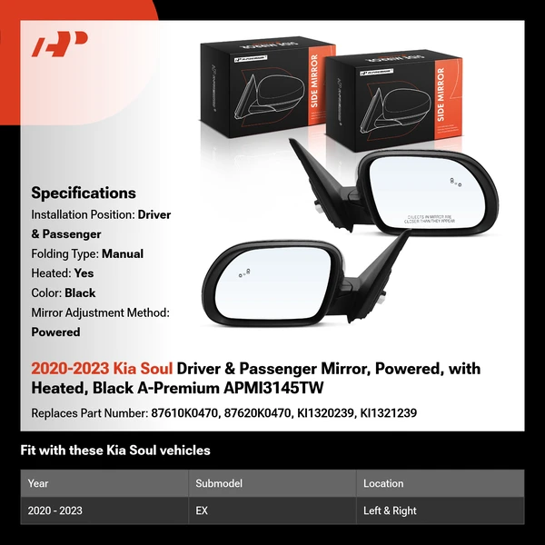 2020-2023 Kia Soul Driver & Passenger Mirror, Powered, with Heated, Black A-Premium APMI3145TW