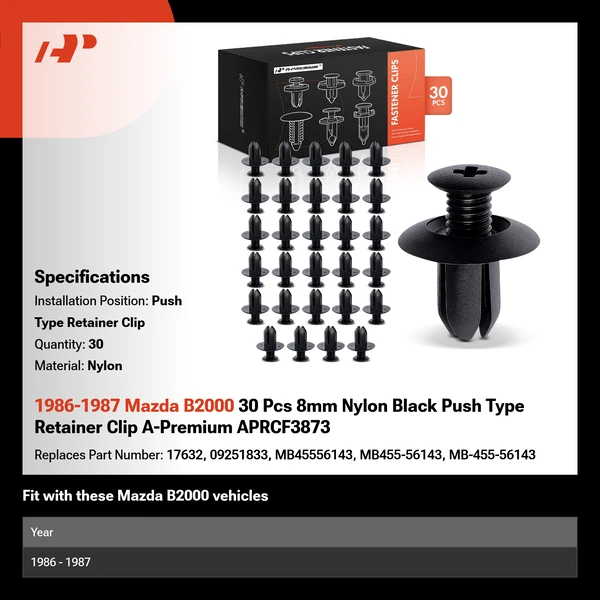 1986-1987 Mazda B2000 30 Pcs 8mm Nylon Black Push Type Retainer Clip A-Premium APRCF3873
