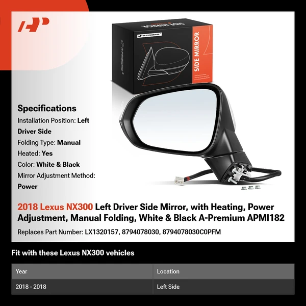 2018 Lexus NX300 Left Driver Side Mirror, with Heating, Power Adjustment, Manual Folding, White & Black A-Premium APMI182