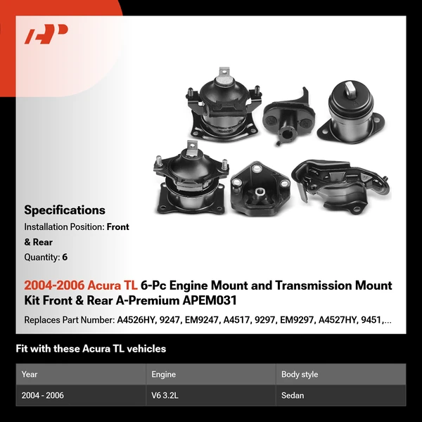 2004-2006 Acura TL 6-Pc Engine Mount and Transmission Mount Kit Front & Rear A-Premium APEM031