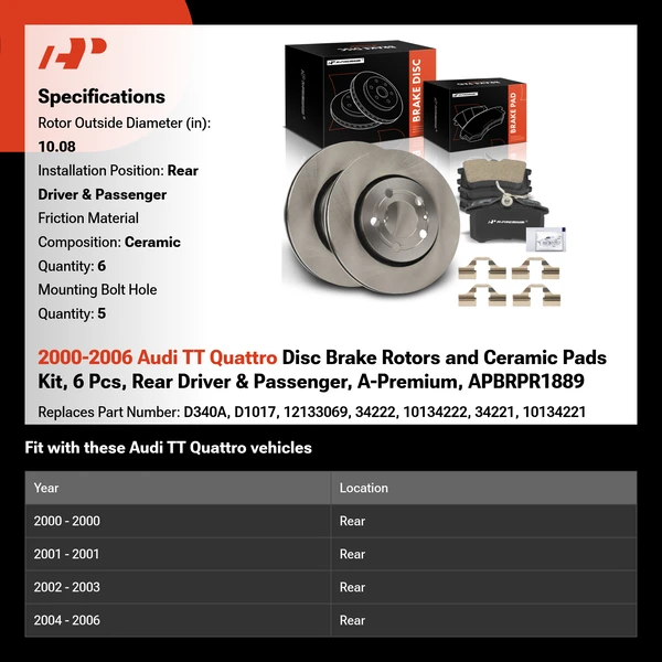 2000-2006 Audi TT Quattro Disc Brake Rotors and Ceramic Pads Kit, 6 Pcs, Rear Driver & Passenger, A-Premium, APBRPR1889
