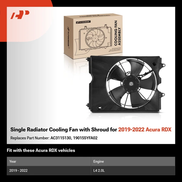 Single Radiator Cooling Fan with Shroud for 2019-2022 Acura RDX