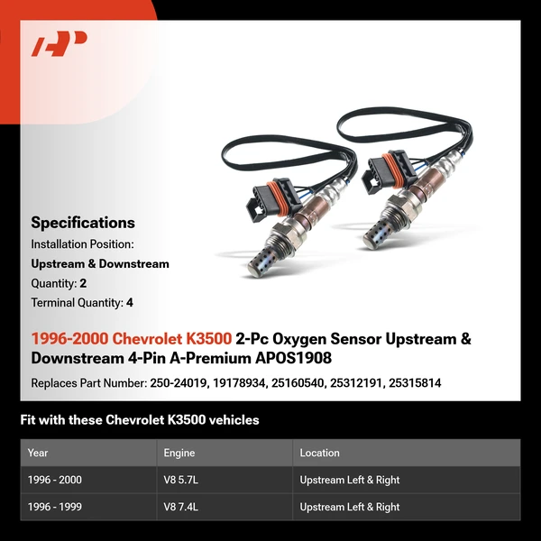 1996-2000 Chevrolet K3500 2-Pc Oxygen Sensor Upstream & Downstream 4-Pin A-Premium APOS1908