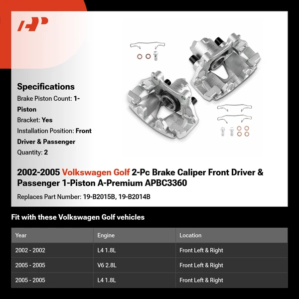 2002-2005 Volkswagen Golf 2-Pc Brake Caliper Front Driver & Passenger 1-Piston A-Premium APBC3360