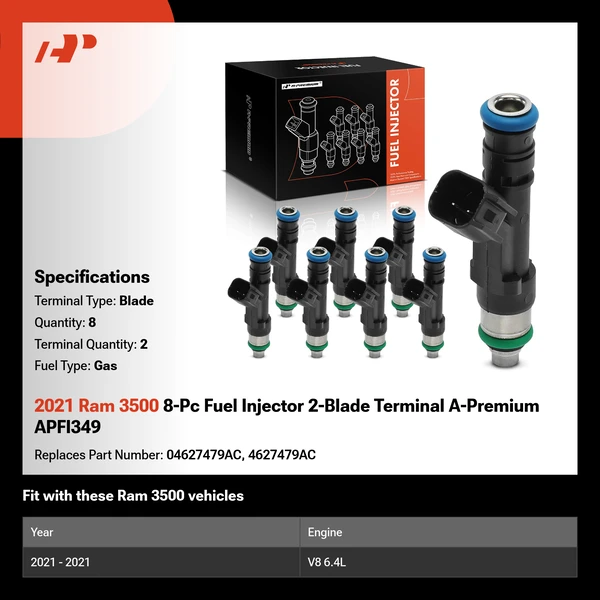 2021 Ram 3500 8-Pc Fuel Injector 2-Blade Terminal A-Premium APFI349