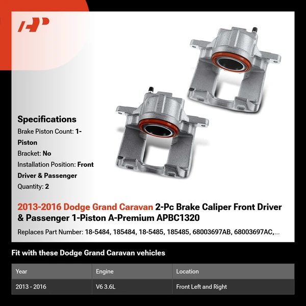 2013-2016 Dodge Grand Caravan 2-Pc Brake Caliper Front Driver & Passenger 1-Piston A-Premium APBC1320