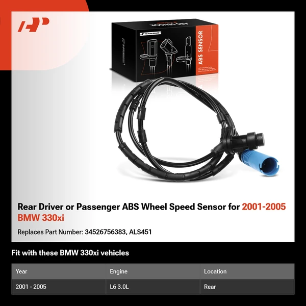 Rear Driver or Passenger ABS Wheel Speed Sensor for 2001-2005 BMW 330xi