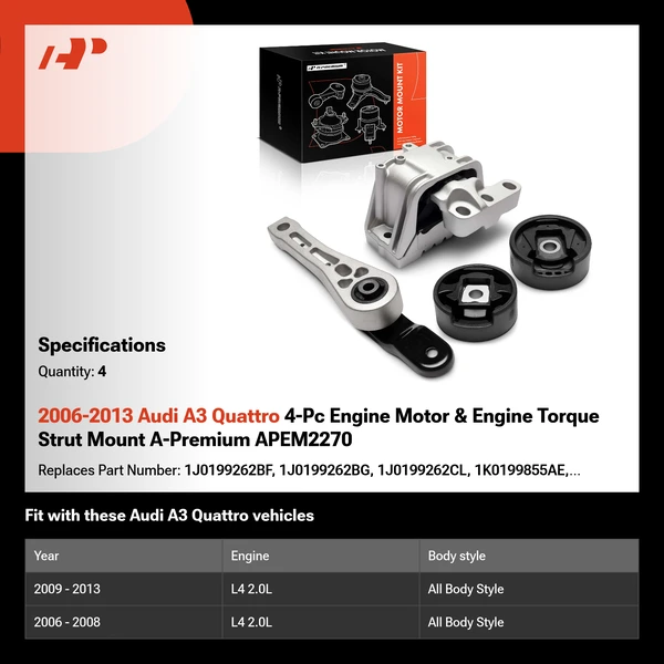 2006-2013 Audi A3 Quattro 4-Pc Engine Motor & Engine Torque Strut Mount A-Premium APEM2270