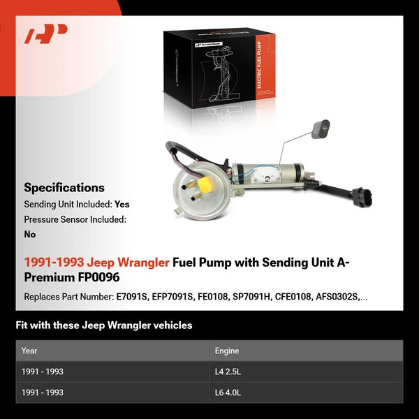 1991-1993 Jeep Wrangler Fuel Pump with Sending Unit A-Premium FP0096