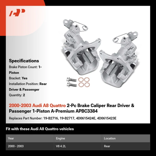 2000-2003 Audi A8 Quattro 2-Pc Brake Caliper Rear Driver & Passenger 1-Piston A-Premium APBC3384