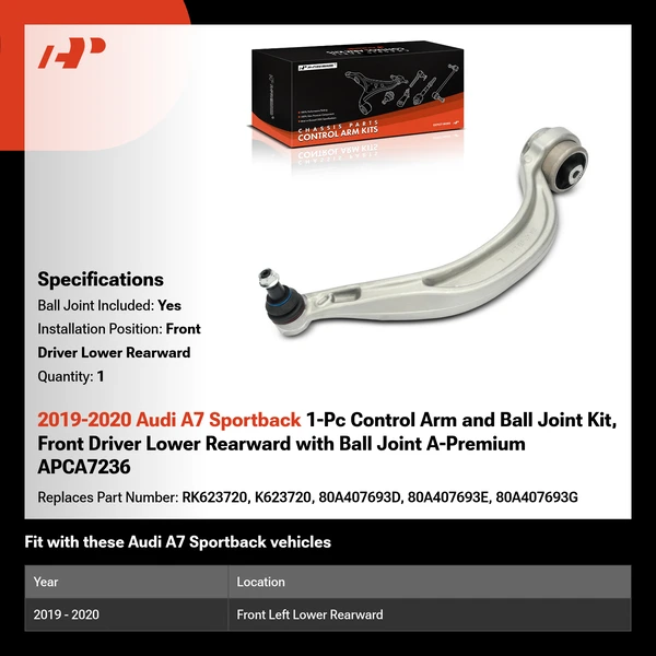 2019-2020 Audi A7 Sportback 1-Pc Control Arm and Ball Joint Kit, Front Driver Lower Rearward with Ball Joint A-Premium APCA7236