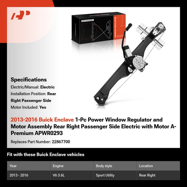 2013-2016 Buick Enclave 1-Pc Power Window Regulator and Motor Assembly Rear Right Passenger Side Electric with Motor A-Premium APWR0293