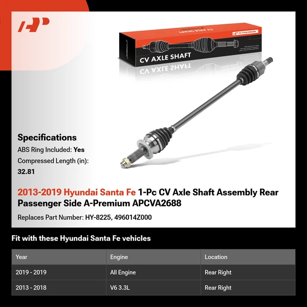 2013-2019 Hyundai Santa Fe 1-Pc CV Axle Shaft Assembly Rear Passenger Side A-Premium APCVA2688