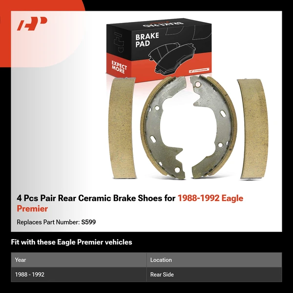 4 Pcs Pair Rear Ceramic Brake Shoes for 1988-1992 Eagle Premier