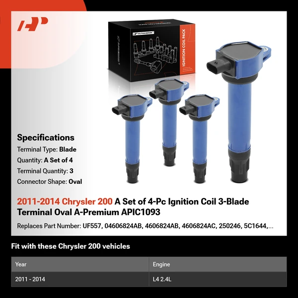 2011-2014 Chrysler 200 A Set of 4-Pc Ignition Coil 3-Blade Terminal Oval A-Premium APIC1093