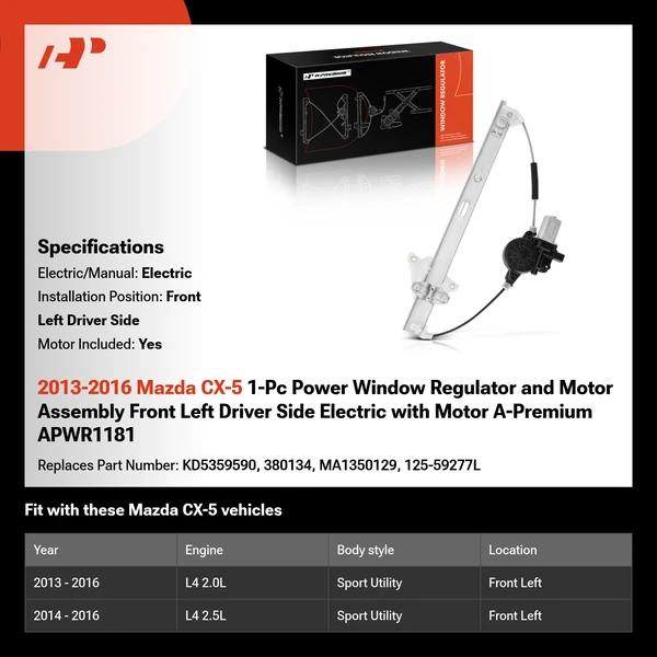2013-2016 Mazda CX-5 1-Pc Power Window Regulator and Motor Assembly Front Left Driver Side Electric with Motor A-Premium APWR1181