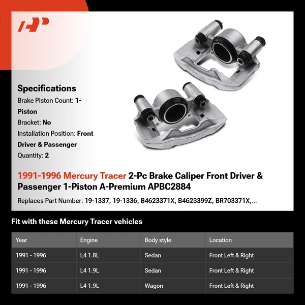 1991-1996 Mercury Tracer 2-Pc Brake Caliper Front Driver & Passenger 1-Piston A-Premium APBC2884