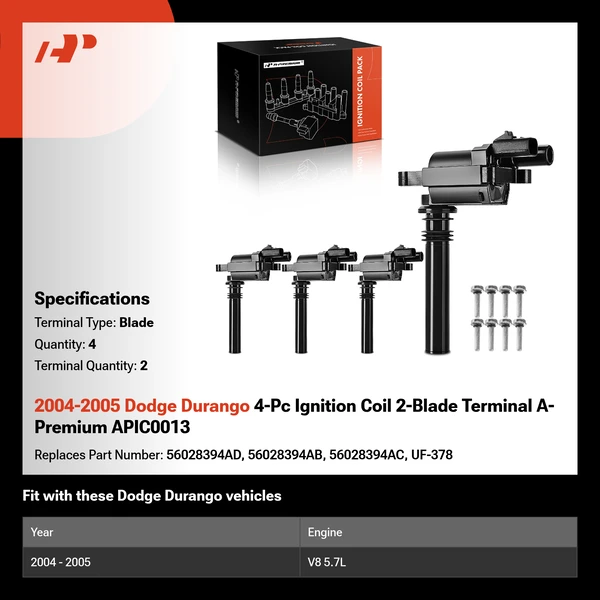 2004-2005 Dodge Durango 4-Pc Ignition Coil 2-Blade Terminal A-Premium APIC0013