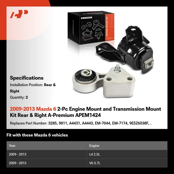 2009-2013 Mazda 6 2-Pc Engine Mount and Transmission Mount Kit Rear & Right A-Premium APEM1424
