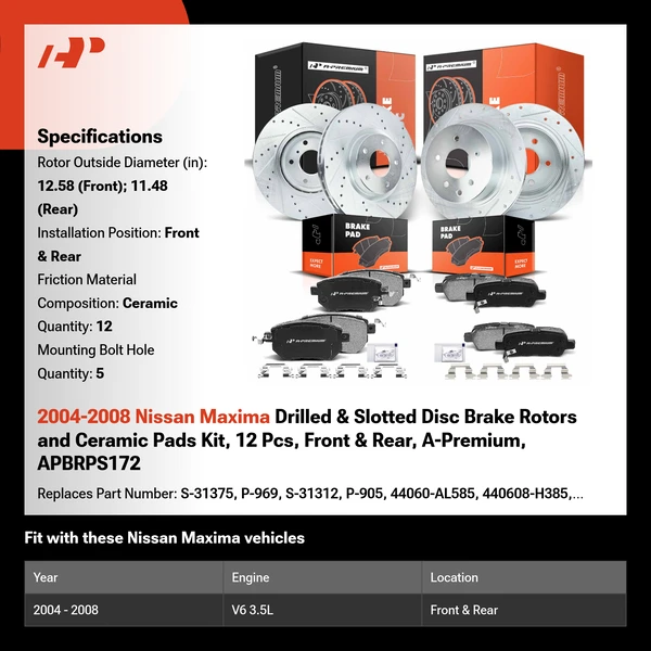 2004-2008 Nissan Maxima Drilled & Slotted Disc Brake Rotors and Ceramic Pads Kit, 12 Pcs, Front & Rear, A-Premium, APBRPS172