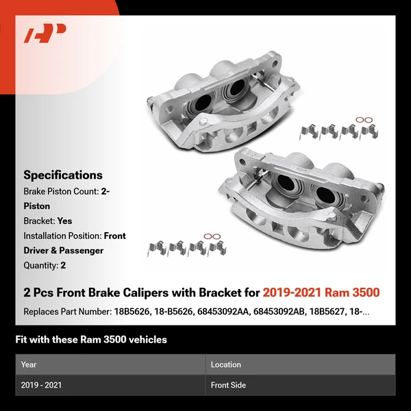 2 Pcs Front Brake Calipers with Bracket for 2019-2021 Ram 3500
