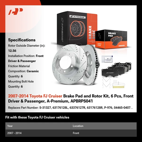 2007-2014 Toyota FJ Cruiser Brake Pad and Rotor Kit, 6 Pcs, Front Driver & Passenger, A-Premium, APBRPS041