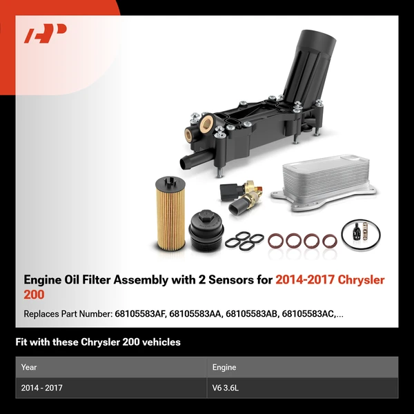 Engine Oil Filter Assembly with 2 Sensors for 2014-2017 Chrysler 200