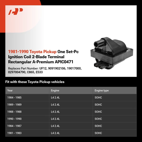 1981-1990 Toyota Pickup One Set-Pc Ignition Coil 2-Blade Terminal Rectangular A-Premium APIC0471