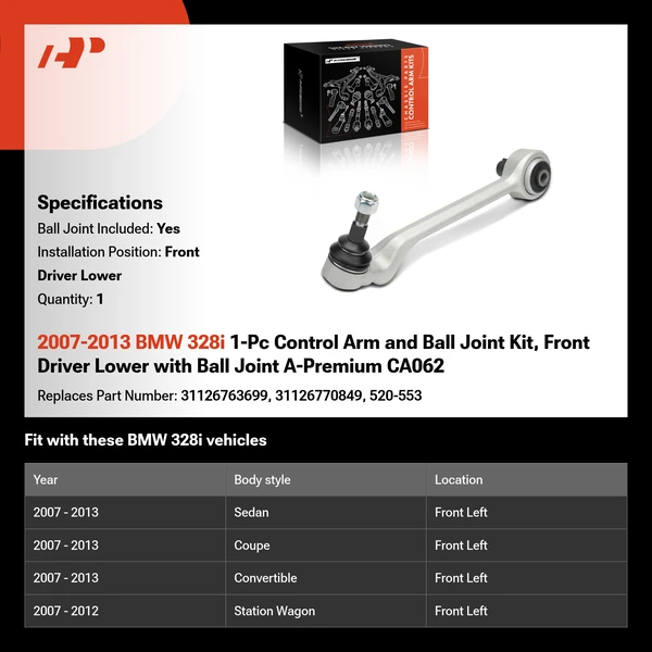 2007-2013 BMW 328i 1-Pc Control Arm and Ball Joint Kit, Front Driver Lower with Ball Joint A-Premium CA062