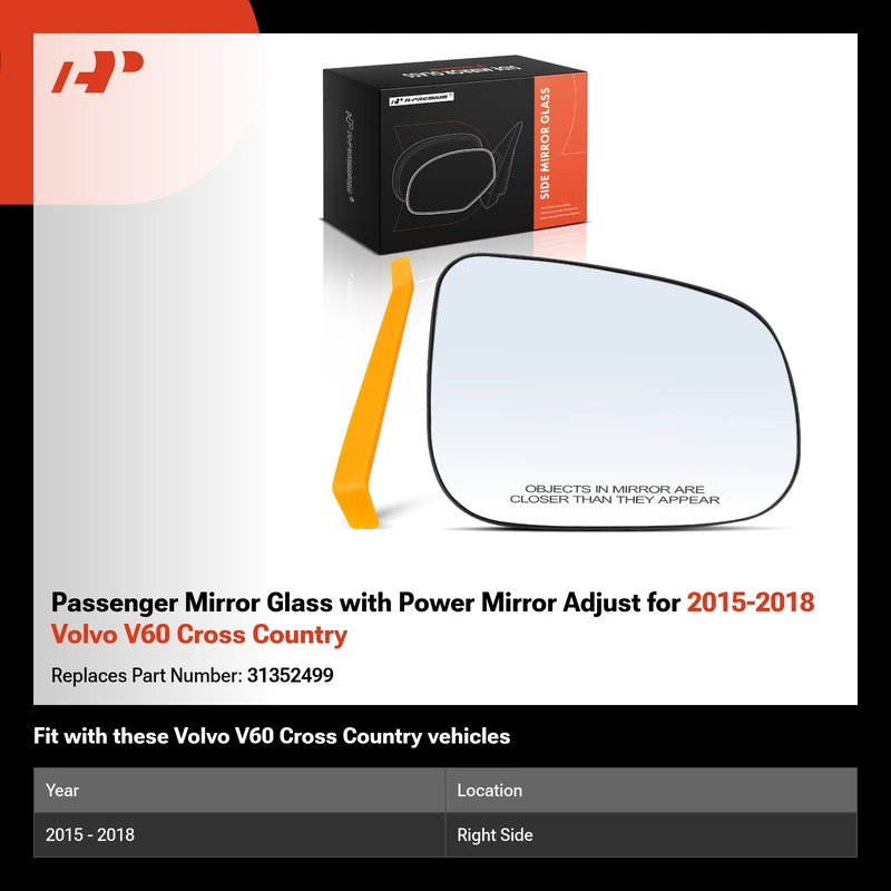 Passenger Mirror Glass with Power Mirror Adjust for 2015-2018 Volvo V60 Cross Country