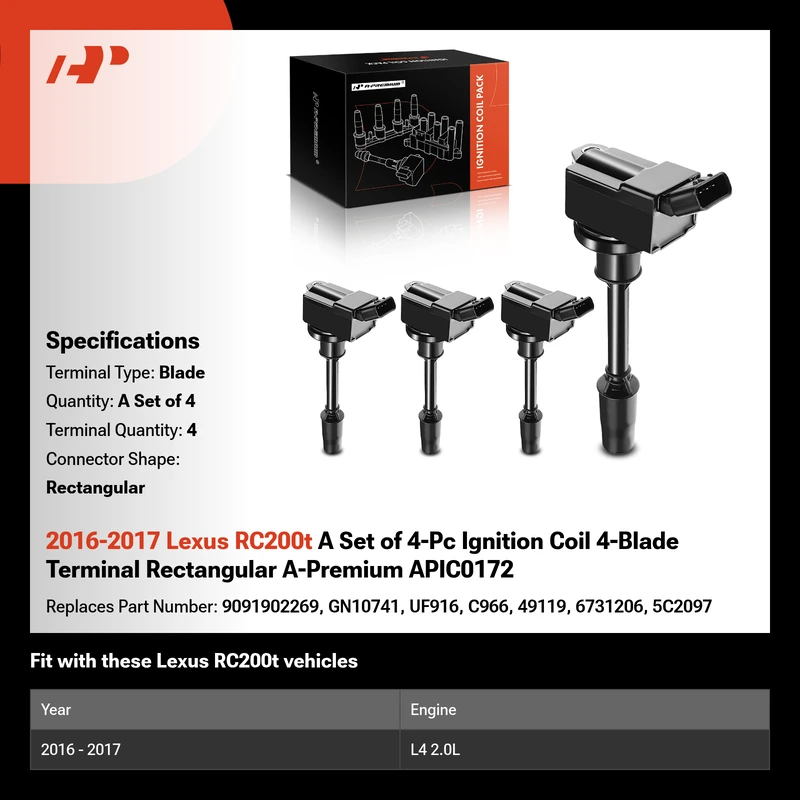 2016-2017 Lexus RC200t A Set of 4-Pc Ignition Coil 4-Blade Terminal Rectangular A-Premium APIC0172