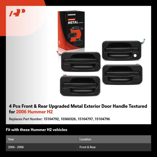 4 Pcs Front & Rear Upgraded Metal Exterior Door Handle Textured for 2006 Hummer H2
