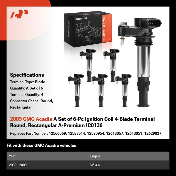 2009 GMC Acadia A Set of 6-Pc Ignition Coil 4-Blade Terminal Round, Rectangular A-Premium IC0136