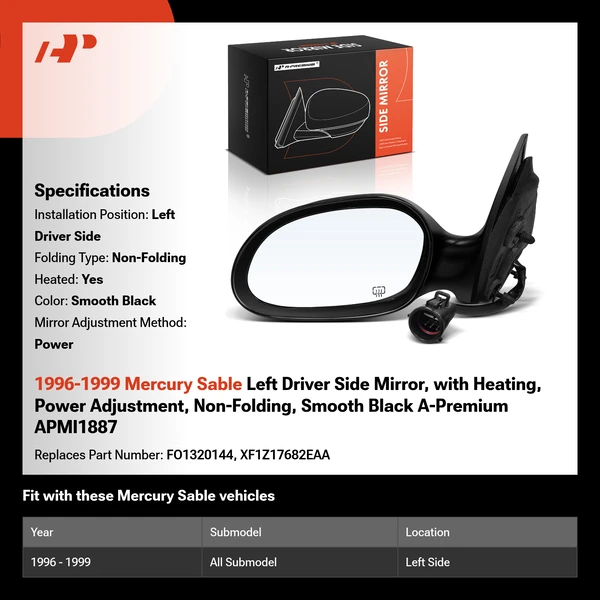 1996-1999 Mercury Sable Left Driver Side Mirror, with Heating, Power Adjustment, Non-Folding, Smooth Black A-Premium APMI1887