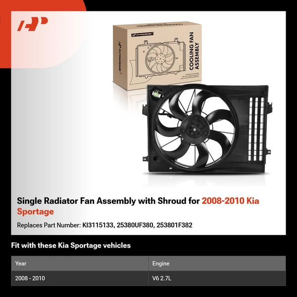 Single Radiator Fan Assembly with Shroud for 2008-2010 Kia Sportage