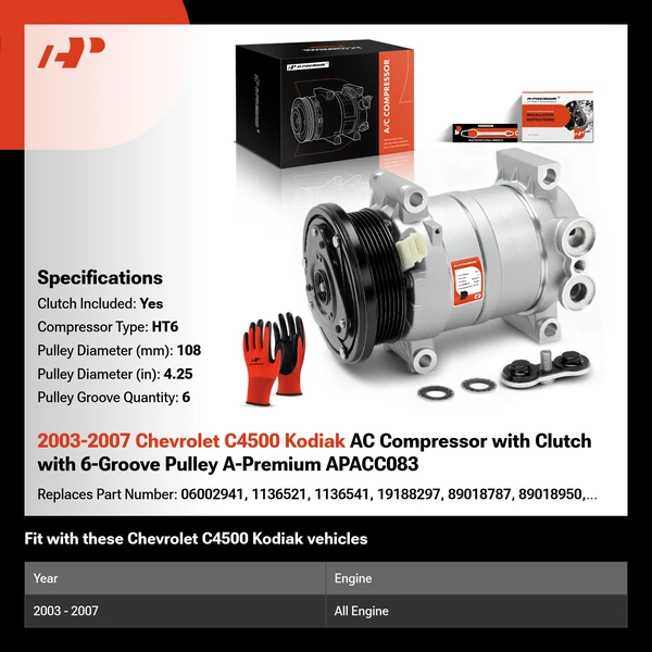 2003-2007 Chevrolet C4500 Kodiak AC Compressor with Clutch with 6-Groove Pulley A-Premium APACC083