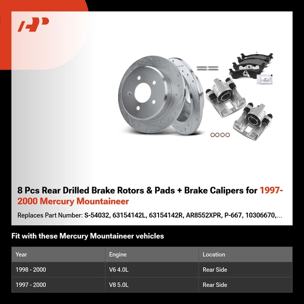 8 Pcs Rear Drilled Brake Rotors & Pads + Brake Calipers for 1997-2000 Mercury Mountaineer
