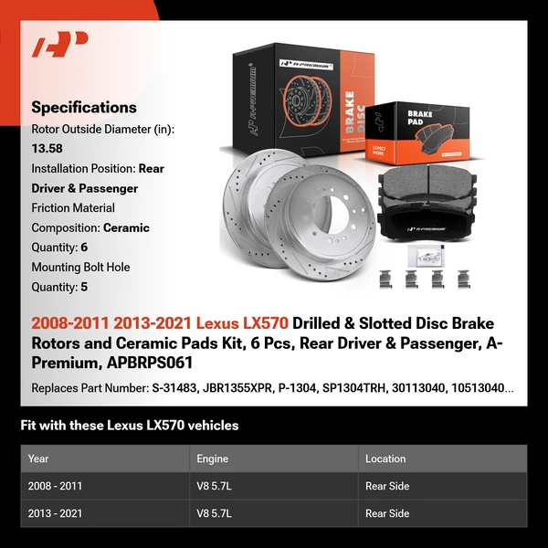 2008-2011 2013-2021 Lexus LX570 Drilled & Slotted Disc Brake Rotors and Ceramic Pads Kit, 6 Pcs, Rear Driver & Passenger, A-Premium, APBRPS061