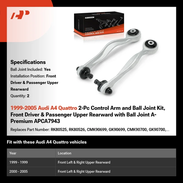 1999-2005 Audi A4 Quattro 2-Pc Control Arm and Ball Joint Kit, Front Driver & Passenger Upper Rearward with Ball Joint A-Premium APCA7943