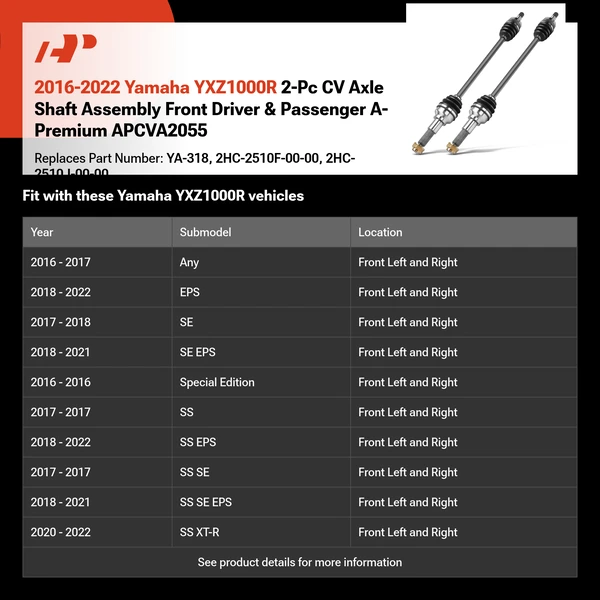 2016-2022 Yamaha YXZ1000R 2-Pc CV Axle Shaft Assembly Front Driver & Passenger A-Premium APCVA2055