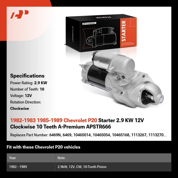 1982-1983 1985-1989 Chevrolet P20 Starter 2.9 KW 12V Clockwise 10 Teeth A-Premium APSTR666