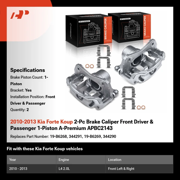 2010-2013 Kia Forte Koup 2-Pc Brake Caliper Front Driver & Passenger 1-Piston A-Premium APBC2143