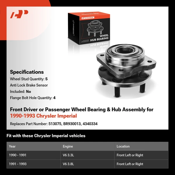 Front Driver or Passenger Wheel Bearing & Hub Assembly for 1990-1993 Chrysler Imperial